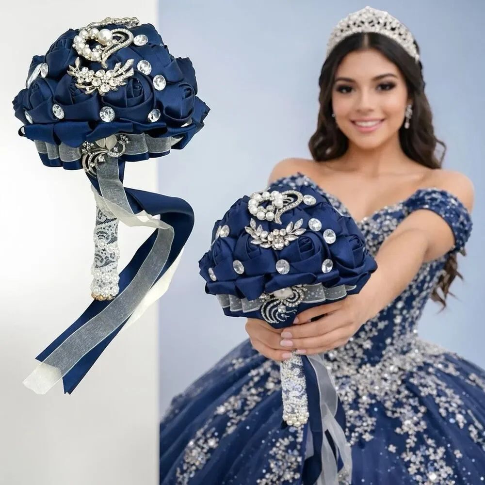 Handmade Womens Satin Crystals Lace Trim Wedding Bridal Brooch Bouquet Navy OS